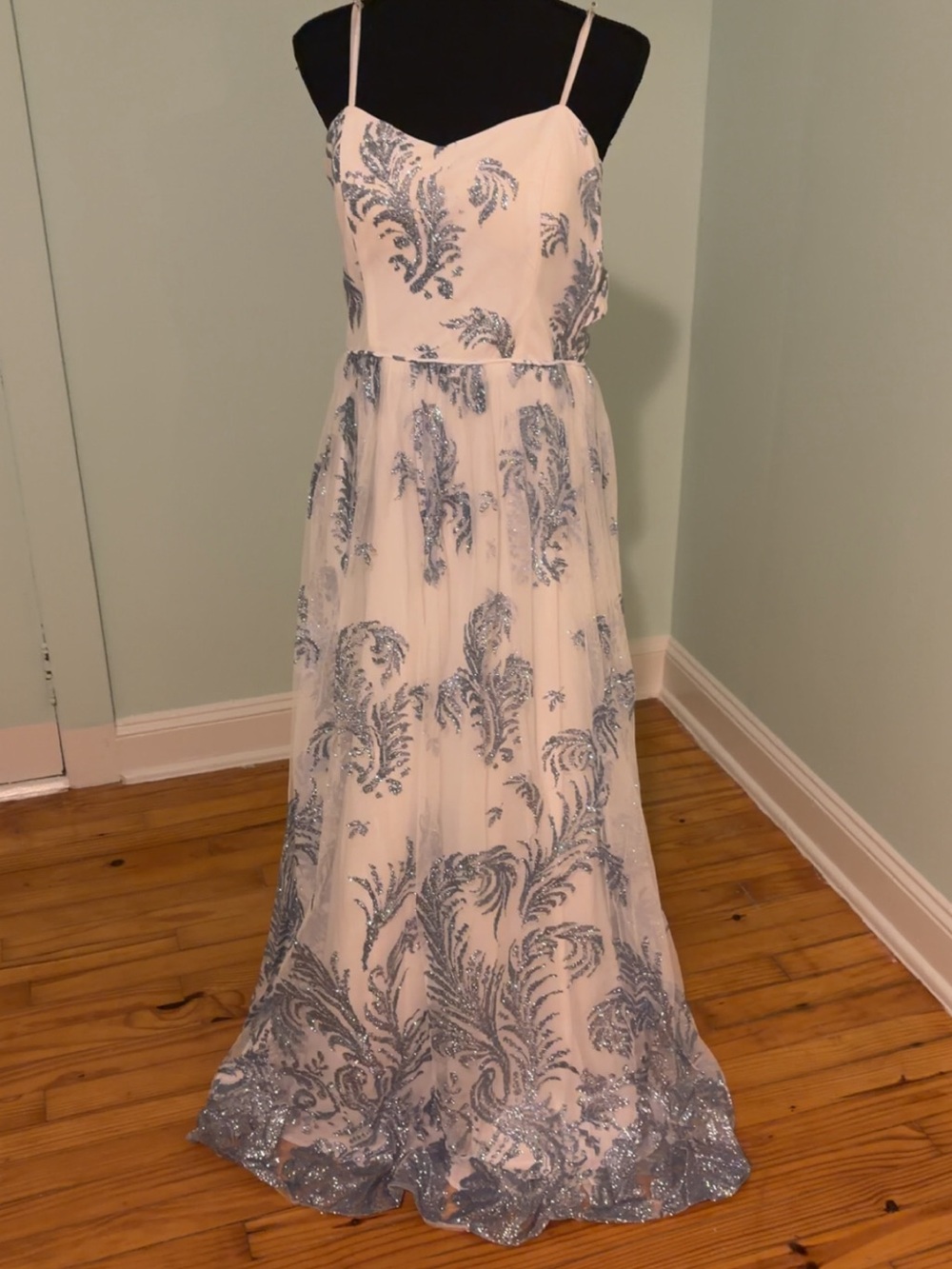 Spaghetti Strap Illusion Lace Prom Dress in Ivory with Silver Sequin Embroidery